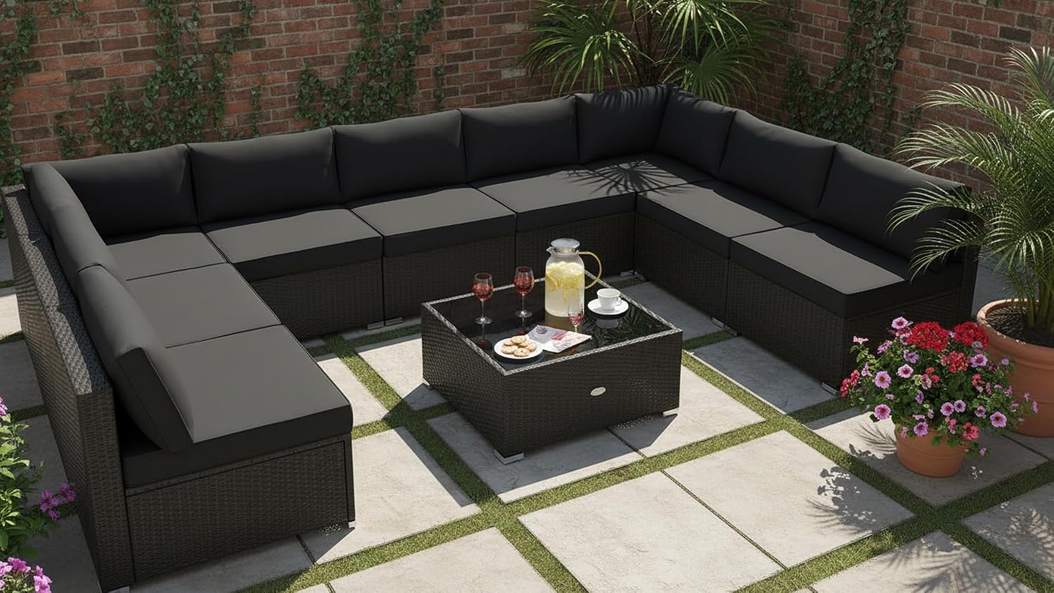 Tangkula 10 Piece Patio Sofa Set, Patiojoy Outdoor Wicker Conversation Set with Seat & Back Cushions, Tempered Glass Tabletop, Sofa Fastener Clips Included, Rattan Furniture Set for Backyard, Poolside