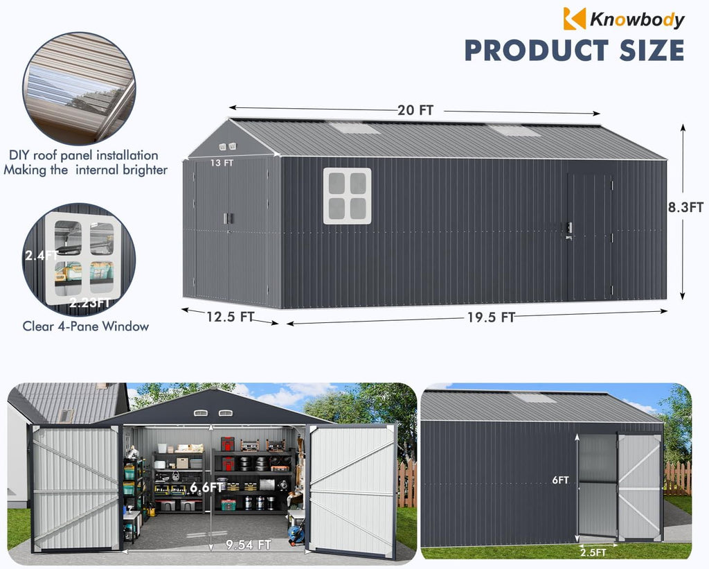 K Knowbody 13x20x8.3 FT Metal Garage Shed,Ultra-Reinforced Truss System,18-Gauge Powder-Coated Frame,100 PSF Snow, 150 MPH Wind Rated, Skylight Dual-Entry Large Outdoor Building,Carport,Workshop
