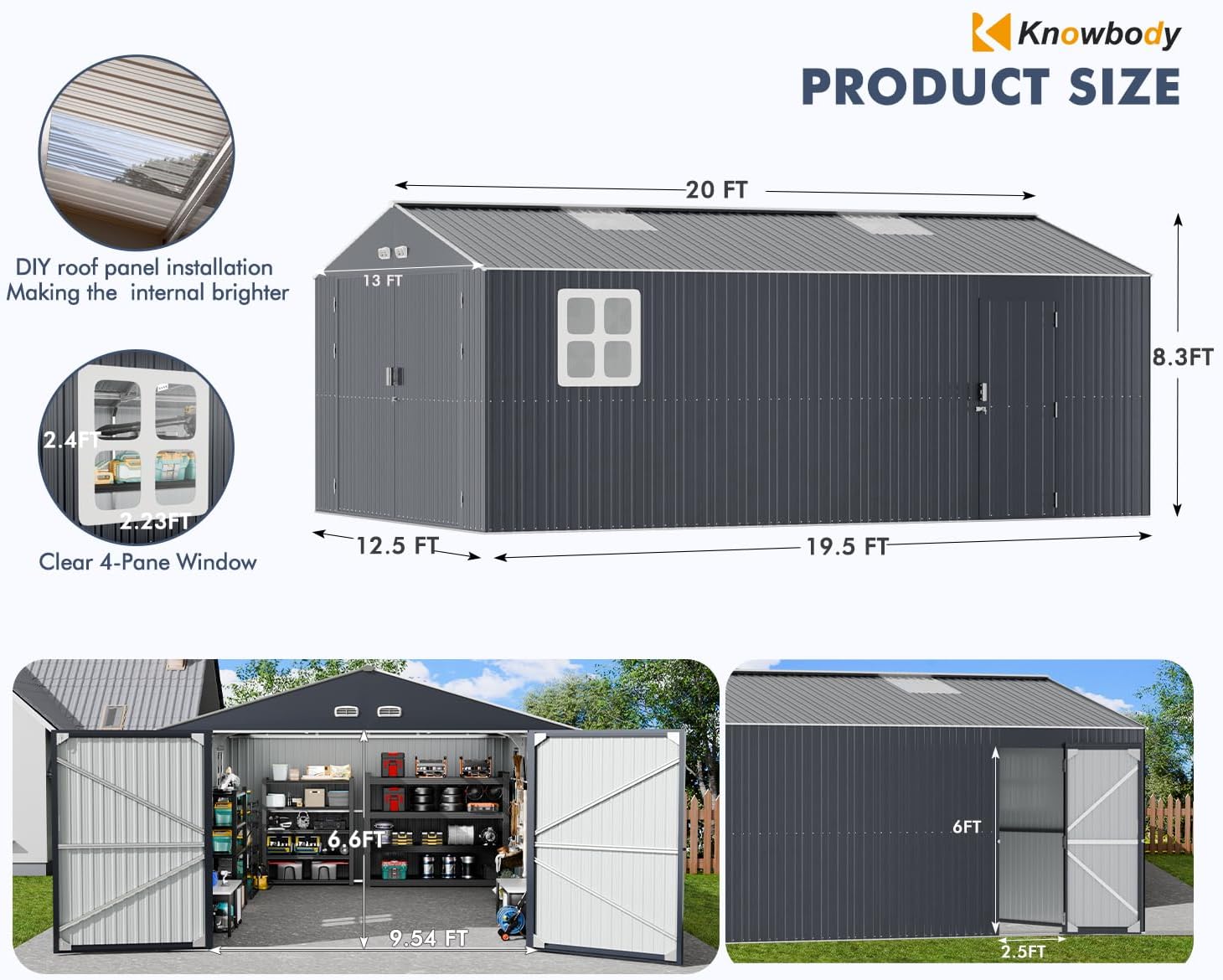 K Knowbody 13x20x8.3 FT Metal Garage Shed,Ultra-Reinforced Truss System,18-Gauge Powder-Coated Frame,100 PSF Snow, 150 MPH Wind Rated, Skylight Dual-Entry Large Outdoor Building,Carport,Workshop