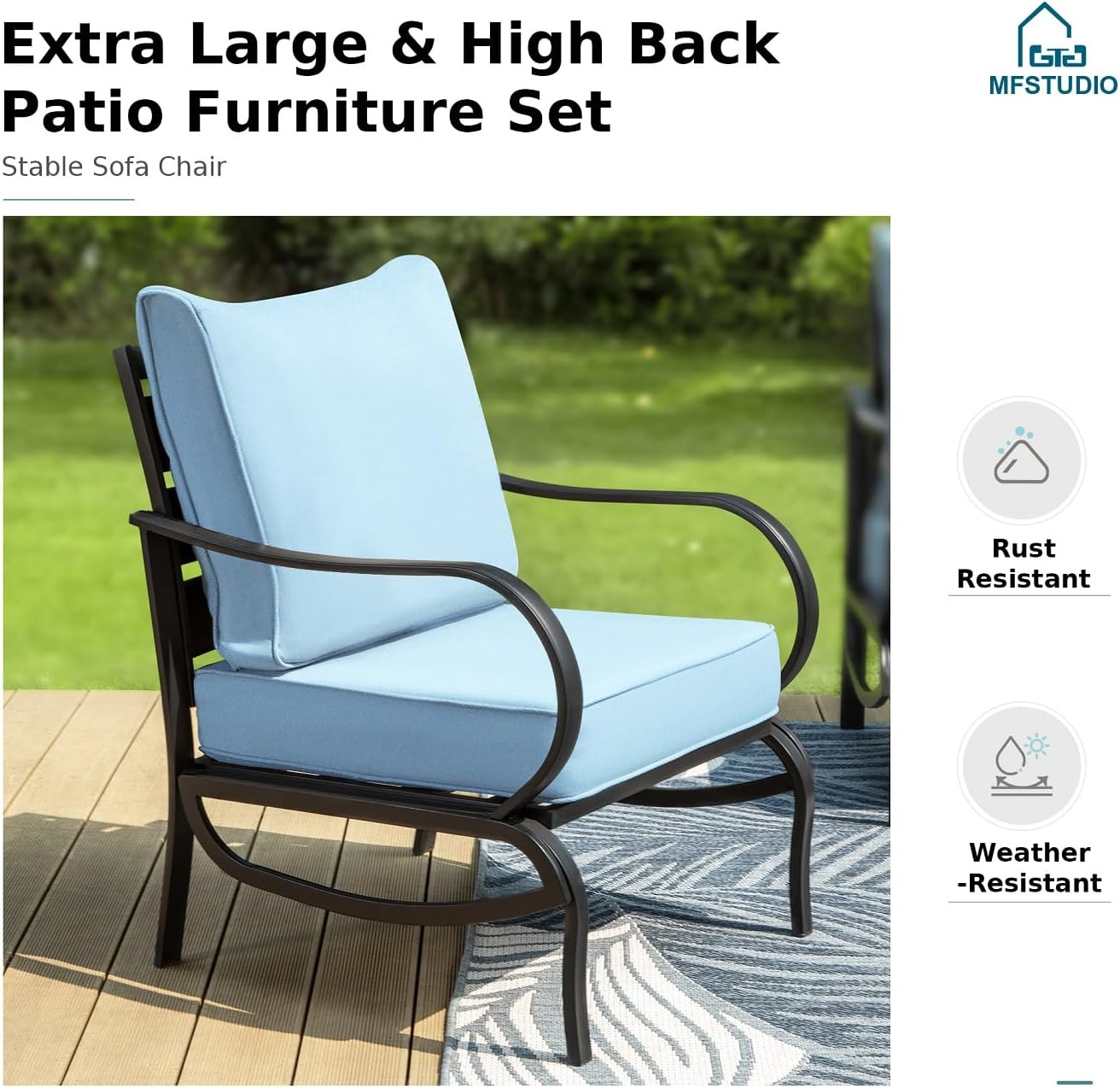 MFSTUDIO 4 Pieces Patio Conversation Sets(5 Seat),Outdoor Metal Furniture Sofas with 1 Loveseat(3 Seat), 2 Single Chairs,1 Coffee Table,Wrought Iron with Blue Cushion for Patio Courtyard Balcony
