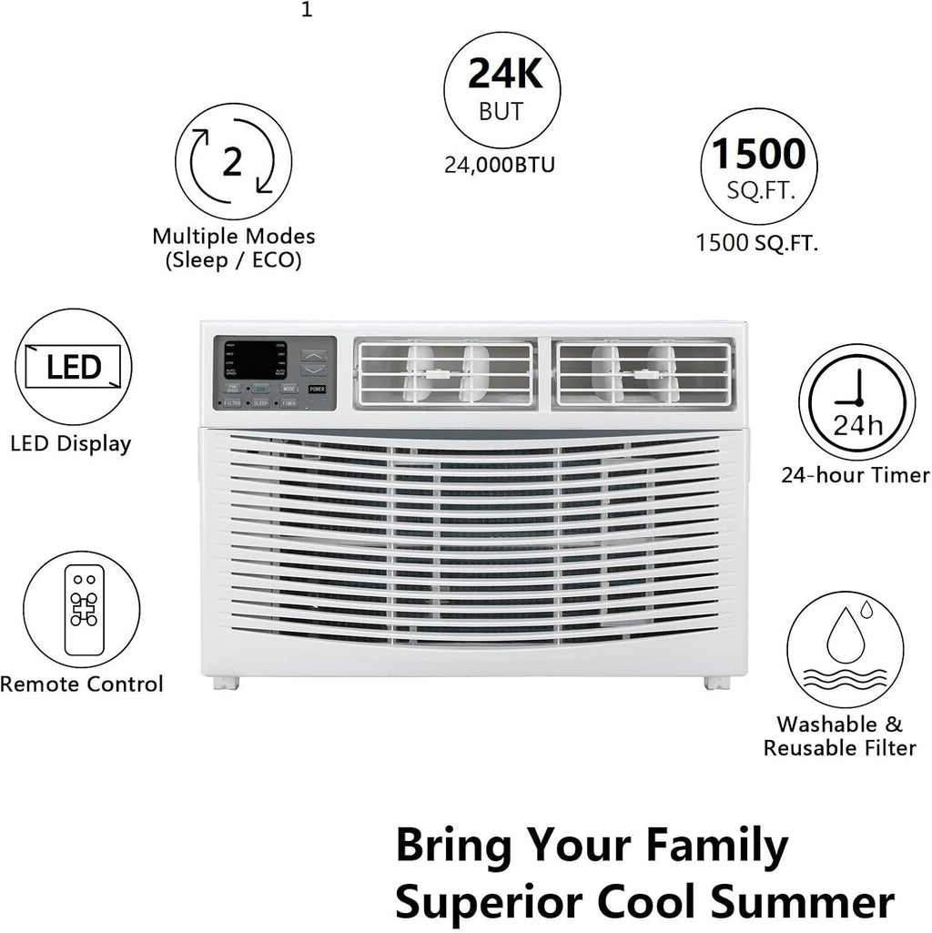 ROVSUN 24000 BTU Air Conditioner Window Unit, 3-in-1 Window AC Unit Cooler, Dehumidifier & Fan with Timer, Remote Control & Installation Kit, Cooling Rooms up to 1500 Sq. Ft, 230V/60Hz, White & Grey