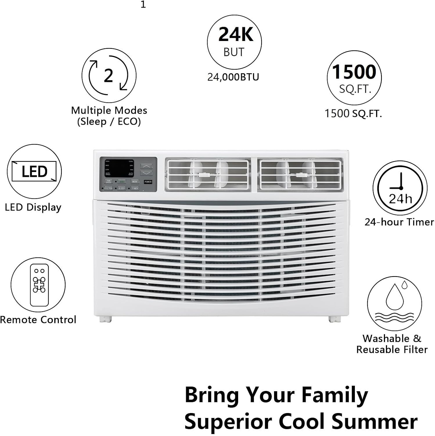 ROVSUN 24000 BTU Air Conditioner Window Unit, 3-in-1 Window AC Unit Cooler, Dehumidifier & Fan with Timer, Remote Control & Installation Kit, Cooling Rooms up to 1500 Sq. Ft, 230V/60Hz, White & Grey