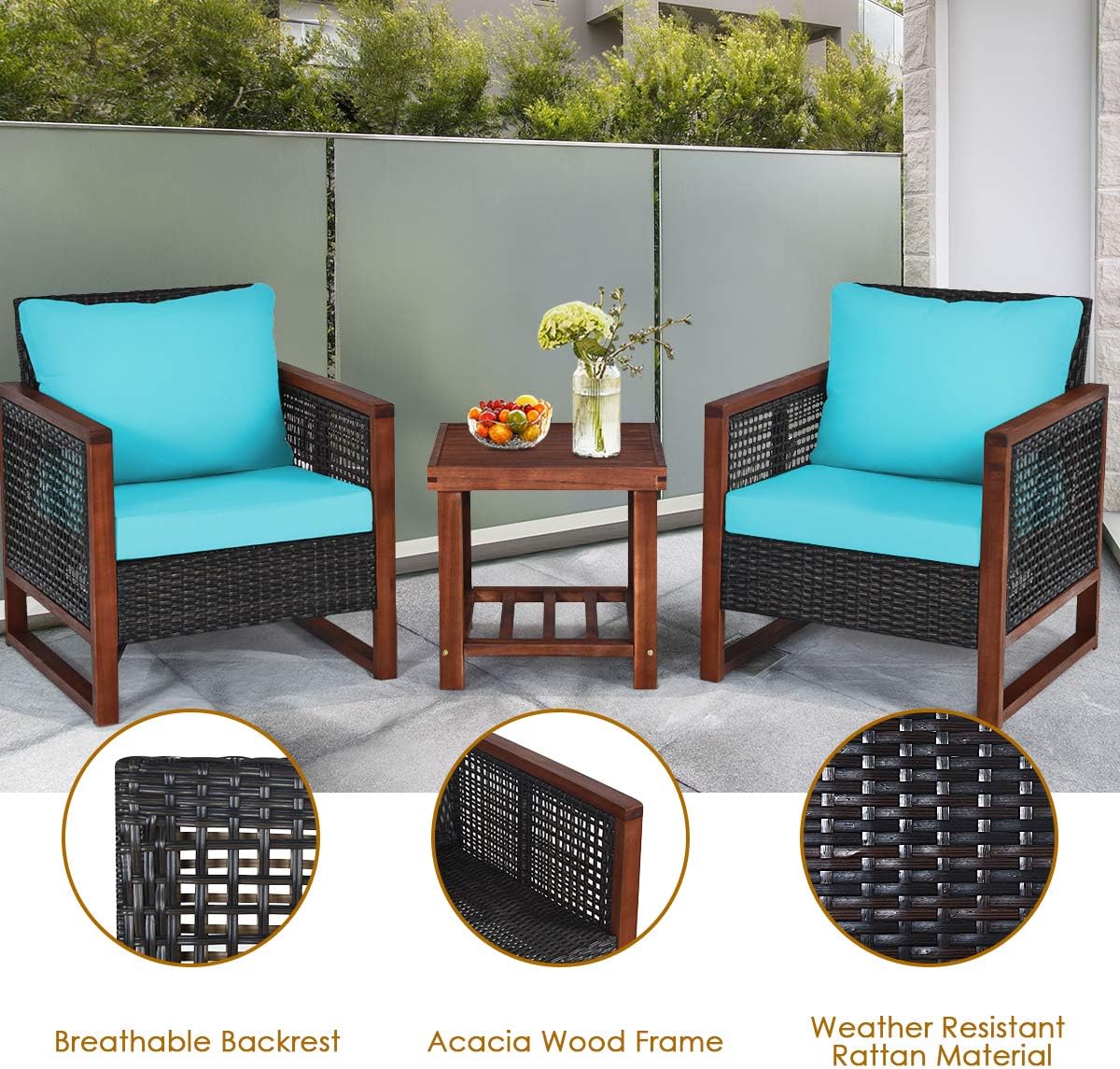 HAPPYGRILL 3 Pieces Outdoor Patio Furniture Set Wicker Chairs with Coffee Table, Balcony Porch Furniture Bistro Set with Acacia Wood Frame and Washable Cushions for Garden Poolside Backyard