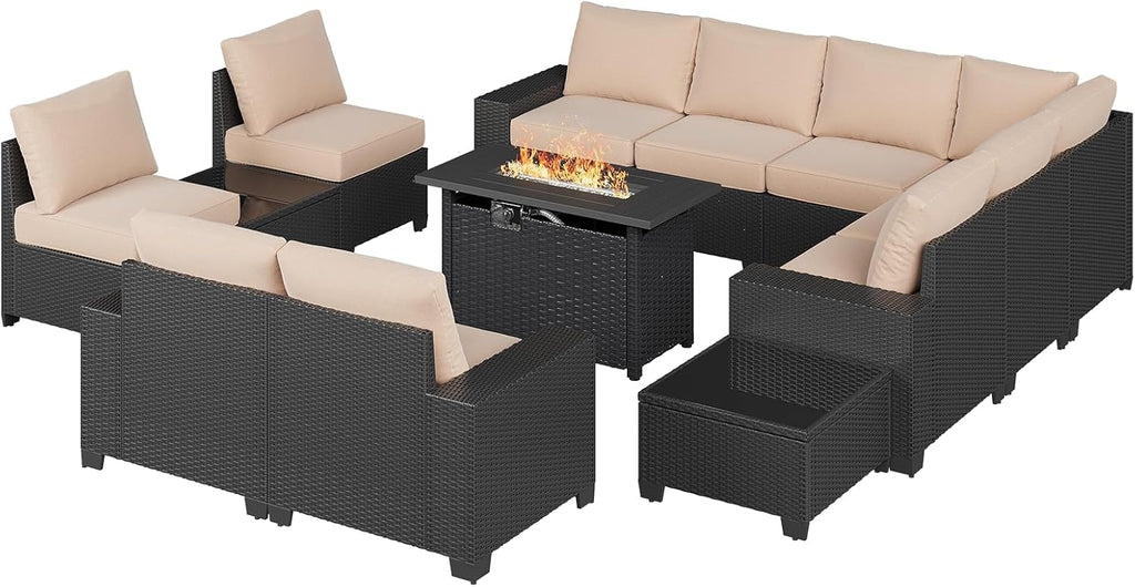 Aoxun Patio Furniture Sets with 44'' Fire Pit, 13 Pcs Outdoor Patio Coversation Set with 4in Thicken Cushion, Widen Armrests Wicker Outdoor Sectional for Backyard (Waterproof Cover Include)