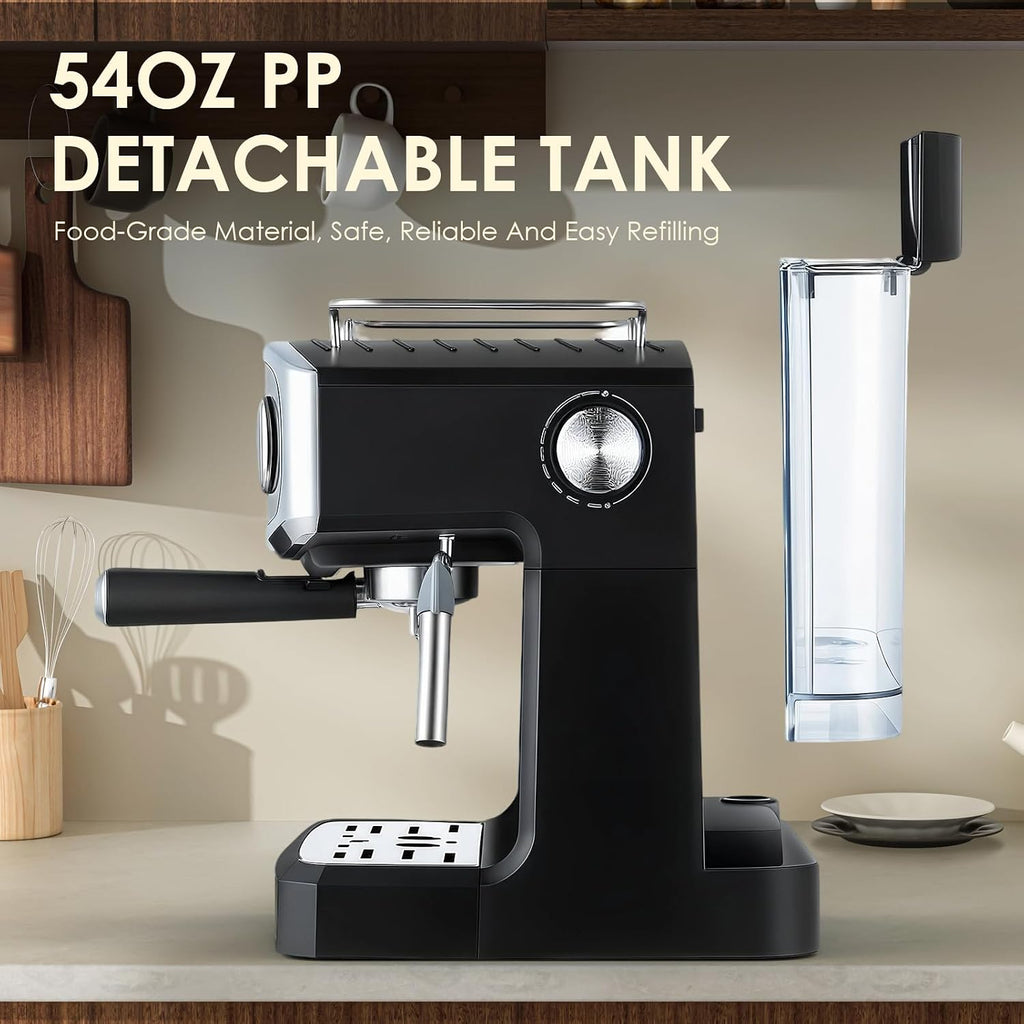 Plum chef 20 Bar Espresso Coffee Maker for Home - Professional Compact Coffee Maker witn Steam Wand Milk Frother, Pressure Gauge, 54oz Tank - Low Noise Fast Brew for Cappuccino, Latte,black