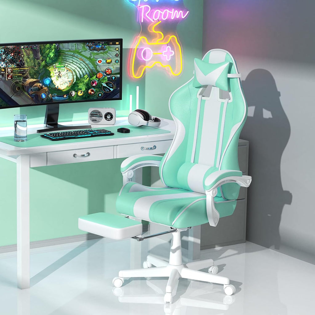 Ferghana Gaming Chairs, Ergonomic Racing Style PC Game Computer Chair with Headrest Lumbar Support Adjustable Recliner PU Leather Video Computer Chair(Light Green)