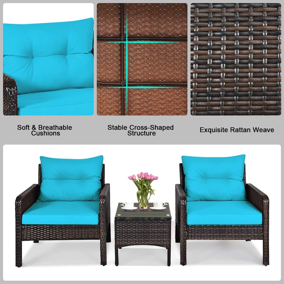 COSTWAY 3PCS Patio Furniture Set, Outdoor Wicker Cushioned Sofa Set with Coffee Table, All Weather Rattan Conversation Set for Garden Balcony Backyard Poolside Lawn, Turquoise