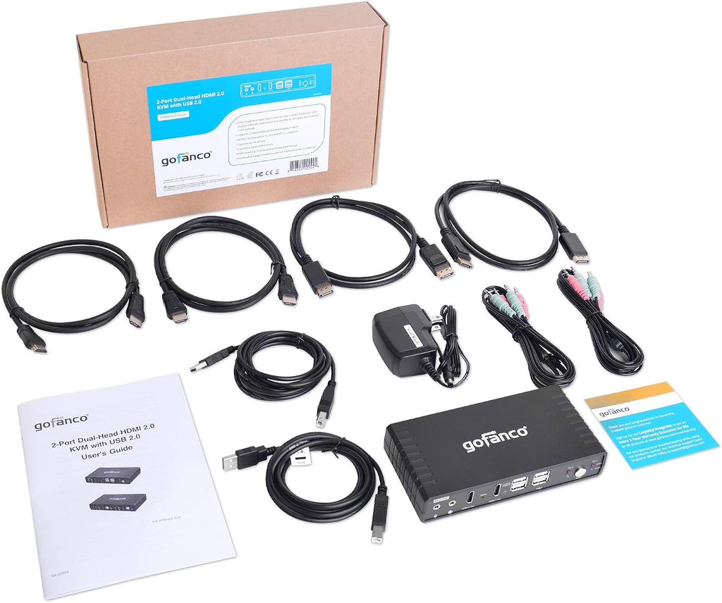 gofanco Dual Monitor HDMI 2.0 KVM Switch (2 Port) – 2x HDMI Extended Display, 4K 60Hz 4:4:4, HDCP 2.2, [HDMI or DisplayPort Input] Keyboard & Mouse Switcher with USB 2.0 Hub and Audio, Cables Included