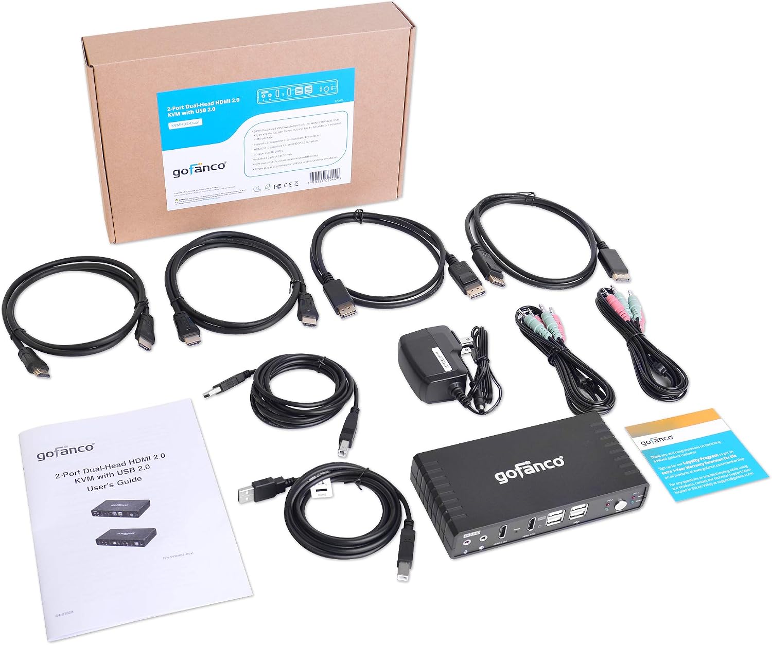 gofanco Dual Monitor HDMI 2.0 KVM Switch (2 Port) – 2x HDMI Extended Display, 4K 60Hz 4:4:4, HDCP 2.2, [HDMI or DisplayPort Input] Keyboard & Mouse Switcher with USB 2.0 Hub and Audio, Cables Included