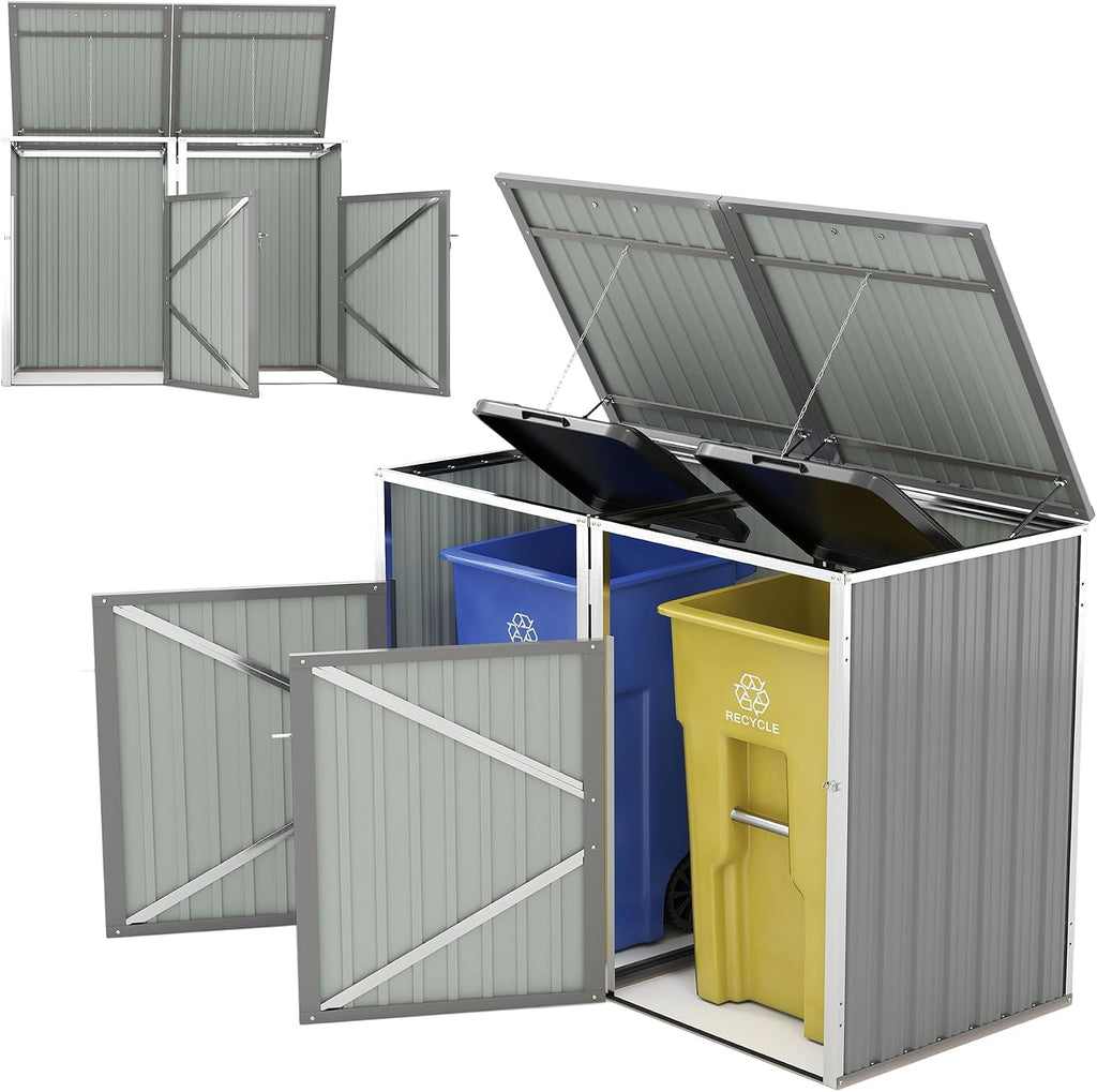 Outdoor Trash Can Storage, Garbage Bin Shed Stores 2 Trash Cans with Pneumatic Support Rod, 54 Cubic feet of Space, Metal Outdoor Storage Shed for Garbage Cans, Garden, Backyard, Patio, Light Gray