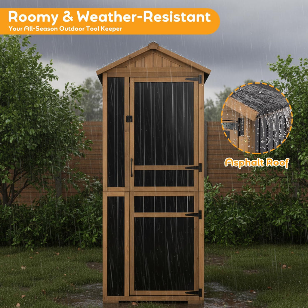 Outdoor Storage Cabinet, Wood & Metal Garden Shed with Waterproof Asphalt Roof, Patio Organizer with 3 Fixed Shelves & Removable Shelf for Long Tools, Lockable Magnetic Doors for Backyard Garage Pool