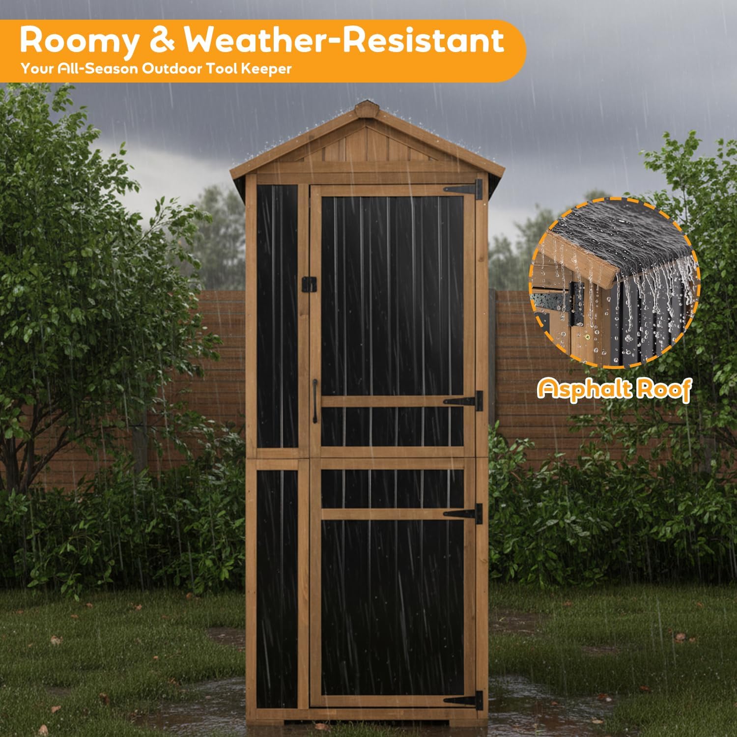 Outdoor Storage Cabinet, Wood & Metal Garden Shed with Waterproof Asphalt Roof, Patio Organizer with 3 Fixed Shelves & Removable Shelf for Long Tools, Lockable Magnetic Doors for Backyard Garage Pool