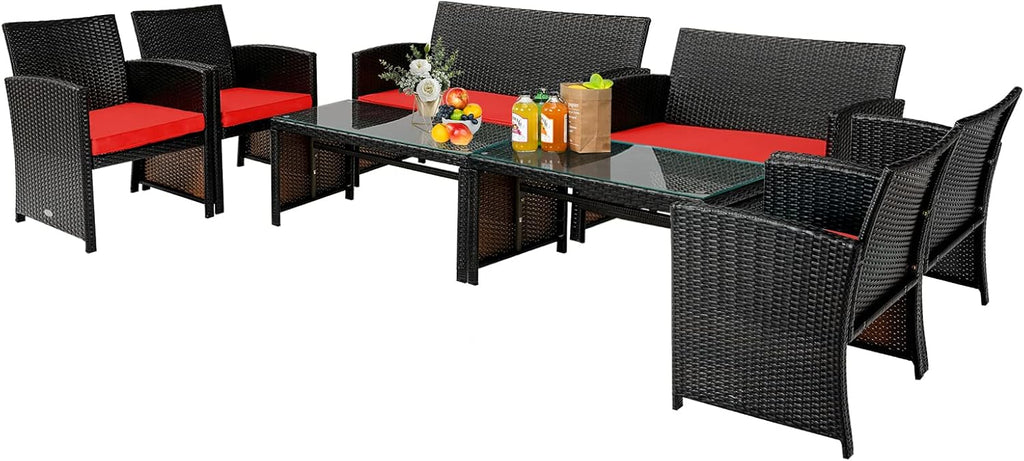 Tangkula 8 Pieces Rattan Furniture Set, Outdoor Conversation Set w/Chair & Loveseat & Tempered Glass Coffee Table, Suitable for Garden, Backyard, Poolside, Patio Furniture Set for 8 (2, Red)