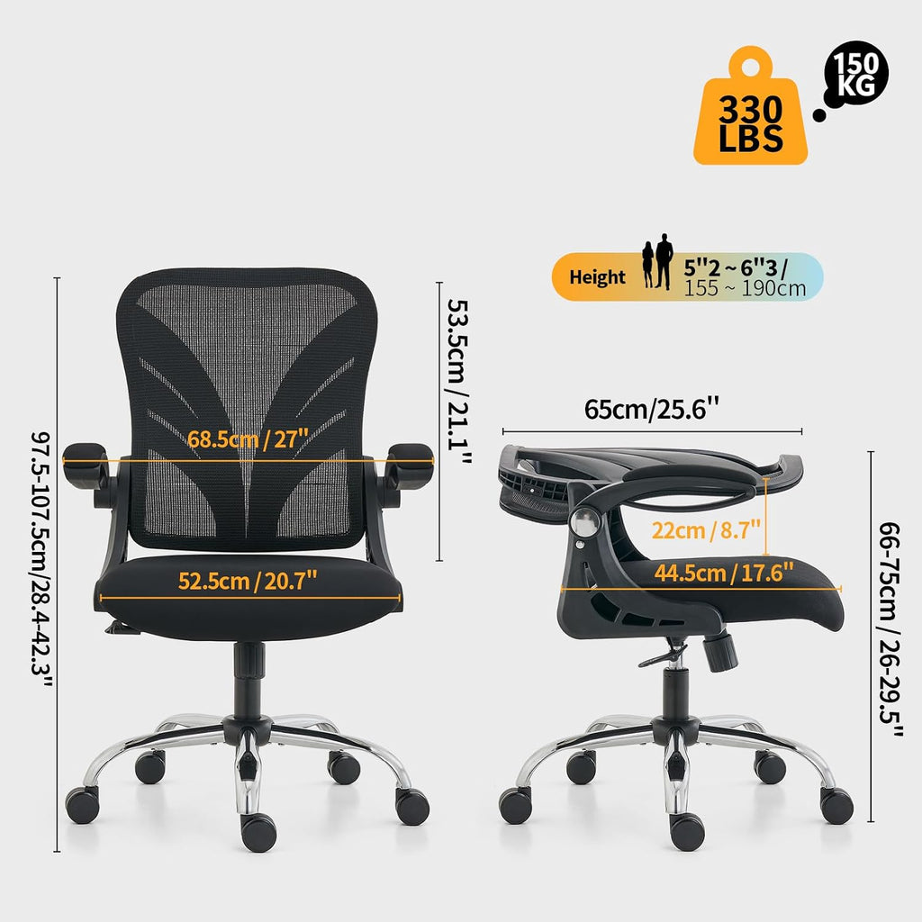 HOLLUDLE Ergonomic Office Chair with Foldable Backrest, Computer Desk Chair with Flip-up Armrests, Mesh Lumbar Support and Tilt Function Big and Tall Office Chair, Black