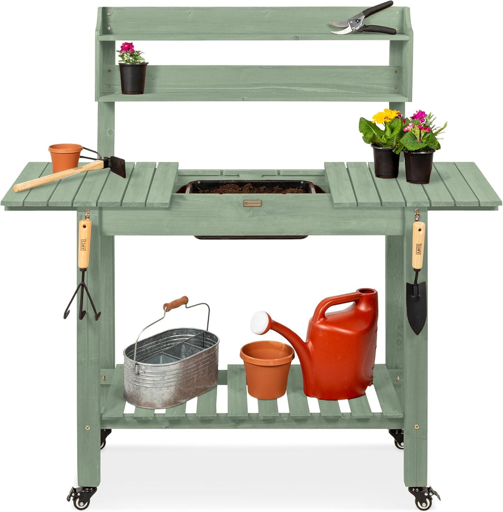 Best Choice Products Mobile Garden Potting Bench, Outdoor Wood Workstation Table w/Sliding Tabletop, 4 Locking Wheels, Food Grade Dry Sink, Storage Shelves - Sage Green