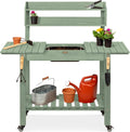 Best Choice Products Mobile Garden Potting Bench, Outdoor Wood Workstation Table w/Sliding Tabletop, 4 Locking Wheels, Food Grade Dry Sink, Storage Shelves - Sage Green