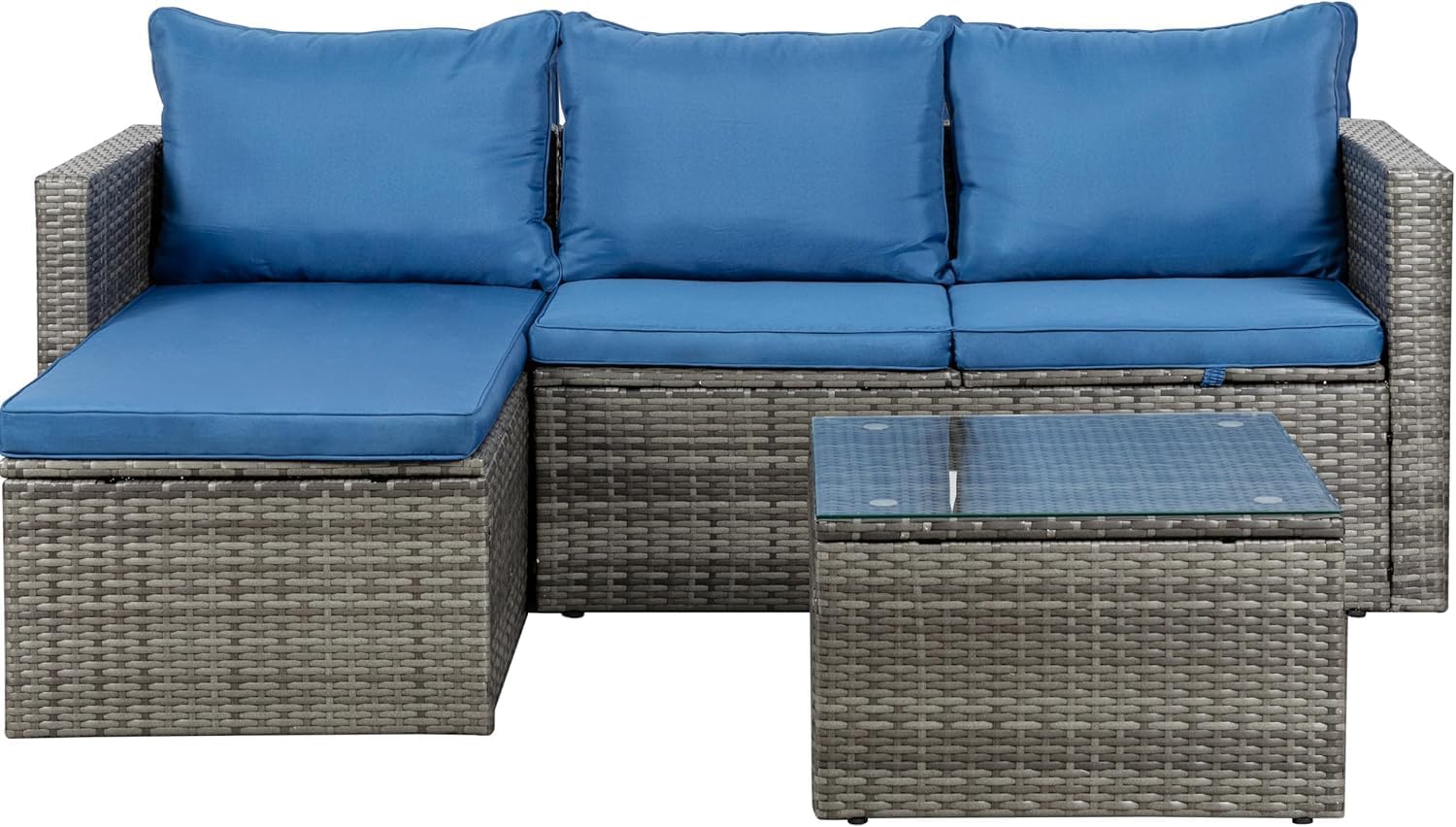 Shintenchi Outdoor Patio Furniture Sets, Small Outdoor Sofa Patio Sectional Sets 3-Piece All Weather Wicker Rattan Seating Sofas with Glass Coffee Table and Cushion (Blue)