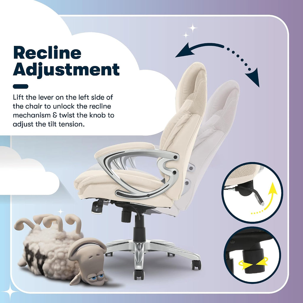 Serta Bryce Executive Office Chair - Ergonomic Computer DeskChair with Lumbar Technology - Adjustable Height - Memory Foam Body Pillows - 360° Swivel Rolling Base - Bonded Leather - Cream