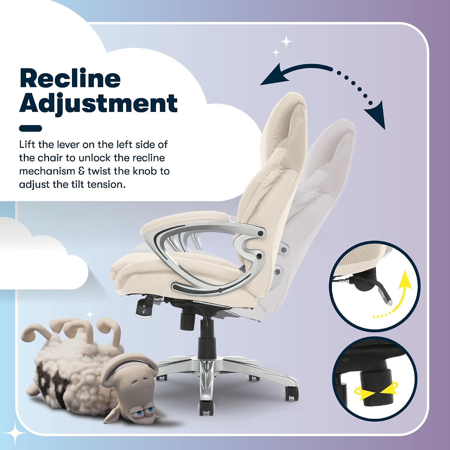Serta Bryce Executive Office Chair - Ergonomic Computer DeskChair with Lumbar Technology - Adjustable Height - Memory Foam Body Pillows - 360° Swivel Rolling Base - Bonded Leather - Cream