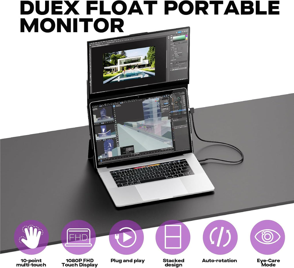 Duex Float New Mobile Pixels 15.6' Stacked Portable Monitor, FHD IPS Portable Touchscreen (Built-in Kickstand), USB C/HDMI Laptop Screen Extender (Optional Magnets), Windows, MacOS, ChromeOS, Switch