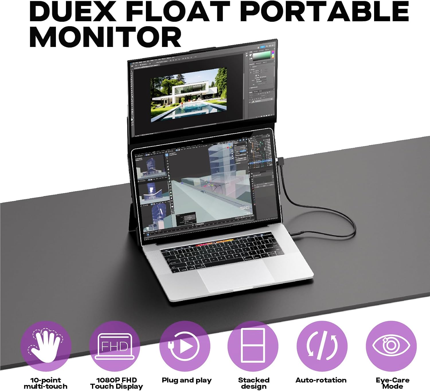 Duex Float New Mobile Pixels 15.6' Stacked Portable Monitor, FHD IPS Portable Touchscreen (Built-in Kickstand), USB C/HDMI Laptop Screen Extender (Optional Magnets), Windows, MacOS, ChromeOS, Switch
