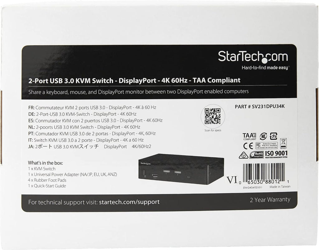 StarTech.com 2 Port DisplayPort KVM Switch - 4K 60Hz - Single Display - Dual Port UHD DP 1.2 USB KVM Switch with Integrated USB 3.0 Hub & Audio-Dell HP Apple Lenovo-TAA Compliant (SV231DPU34K), Black