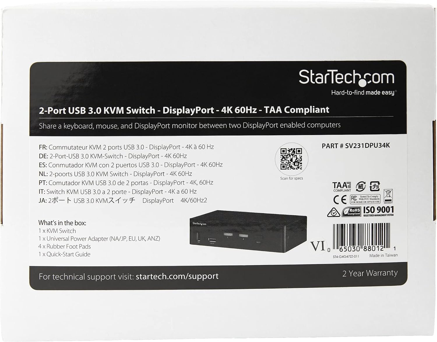 StarTech.com 2 Port DisplayPort KVM Switch - 4K 60Hz - Single Display - Dual Port UHD DP 1.2 USB KVM Switch with Integrated USB 3.0 Hub & Audio-Dell HP Apple Lenovo-TAA Compliant (SV231DPU34K), Black