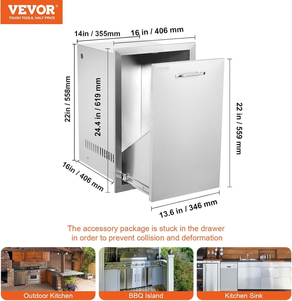 VEVOR Outdoor Kitchen Trash Drawer 16Wx22Hx16'D, Propane Tank Drawer, Stainless Steel Pull Out Trash with Handle, Outdoor Kitchen Cabinets Can Pull Out, BBQ Island Bin, Outside Trash Can Drawer