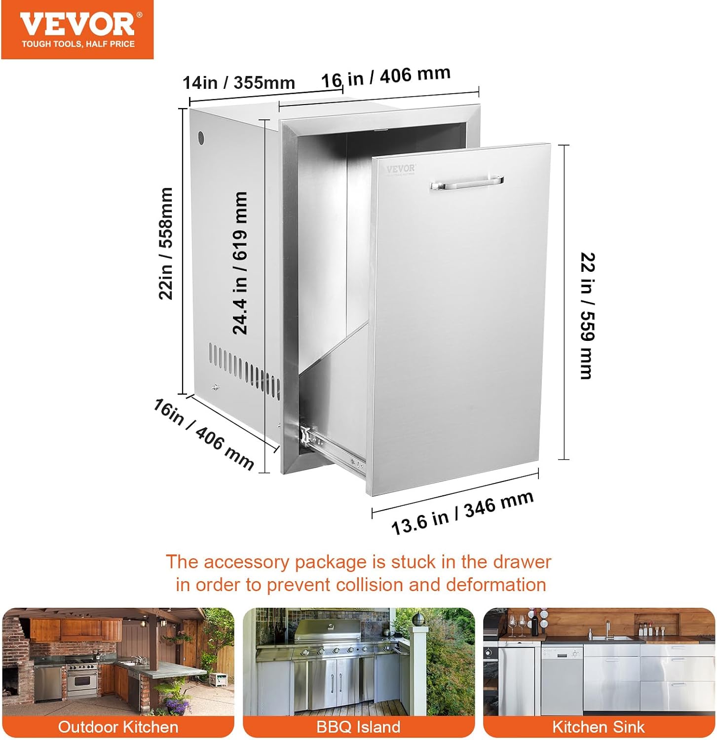 VEVOR Outdoor Kitchen Trash Drawer 16Wx22Hx16'D, Propane Tank Drawer, Stainless Steel Pull Out Trash with Handle, Outdoor Kitchen Cabinets Can Pull Out, BBQ Island Bin, Outside Trash Can Drawer