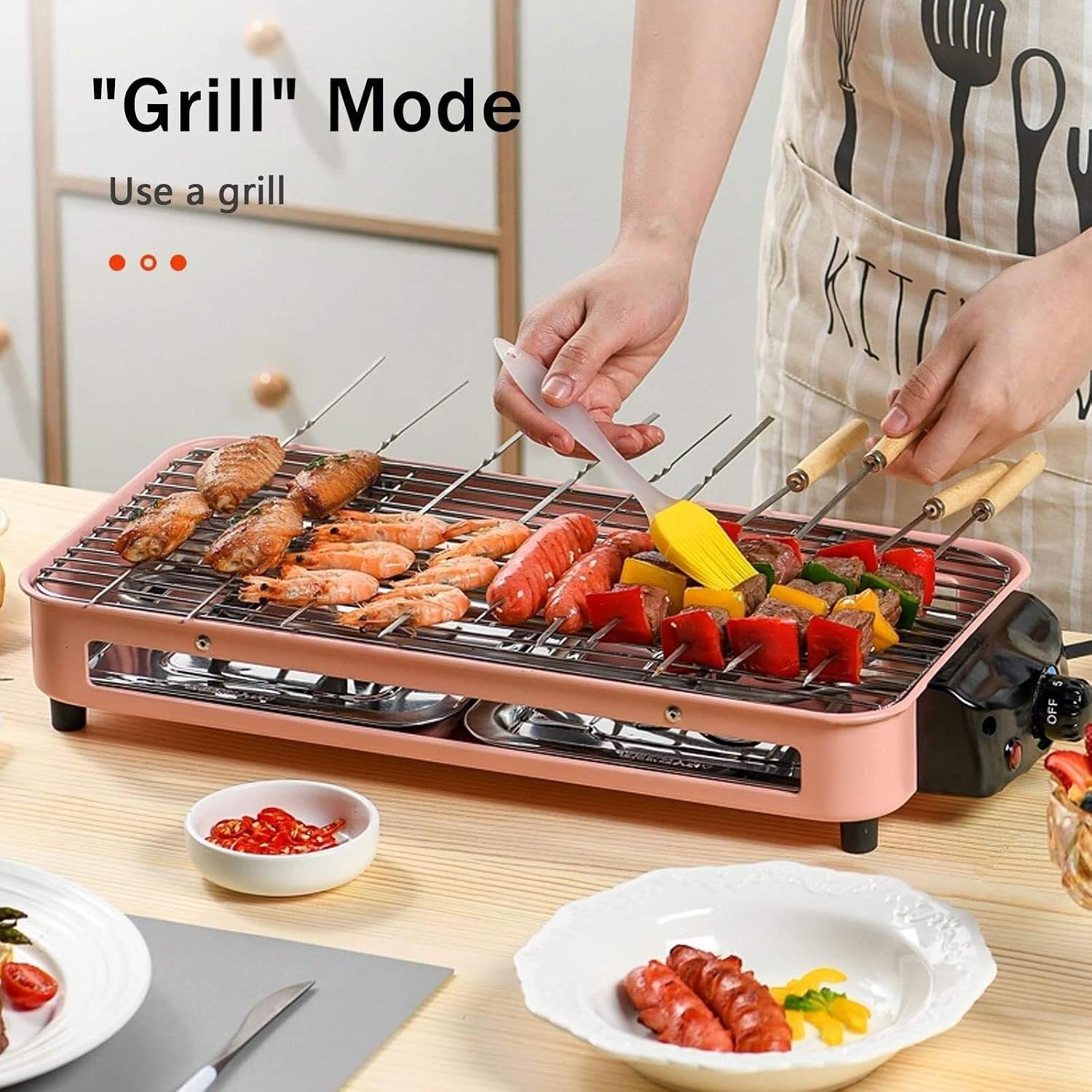 Smokeless Table Grill, Electric BBQ Grill 1500 W for Indoor Outdoor Use, Electric Table Top Griddle, Non-Stick Coating Grill Surface 42.5x20.5 cm, Removable Grease Tray, for Festival Party,Pink(Green)