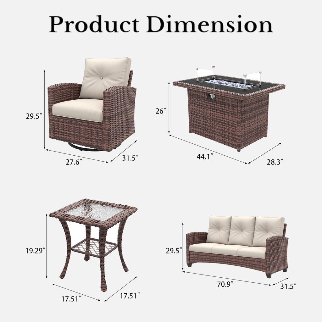 LayinSun 5 Pieces Patio Furniture Set with Swivel Chairs, Rattan Wicker Rocking Glide Chairs with 44' Propane Gas Fire Pit Table Conversation Set