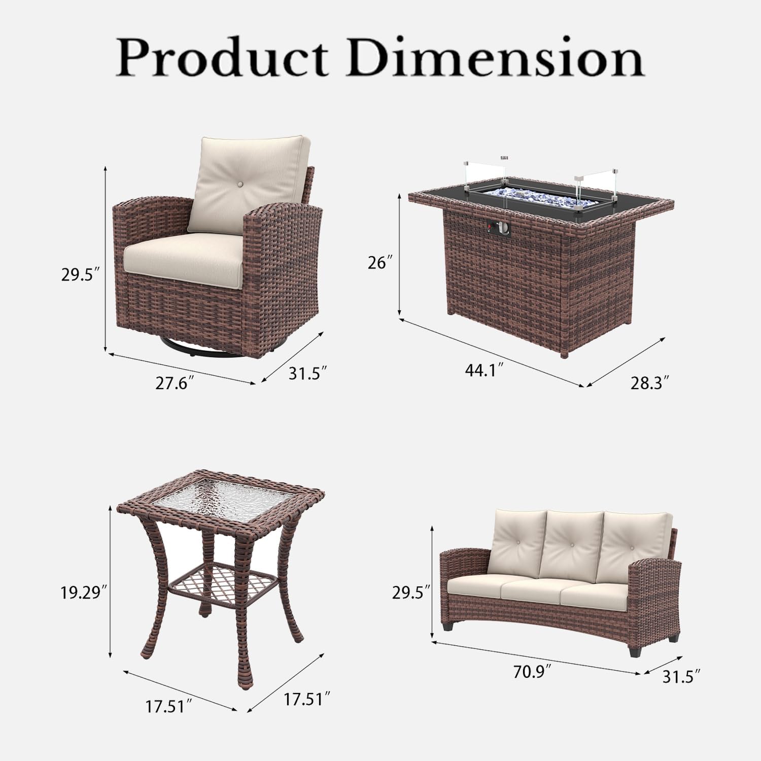 LayinSun 5 Pieces Patio Furniture Set with Swivel Chairs, Rattan Wicker Rocking Glide Chairs with 44' Propane Gas Fire Pit Table Conversation Set