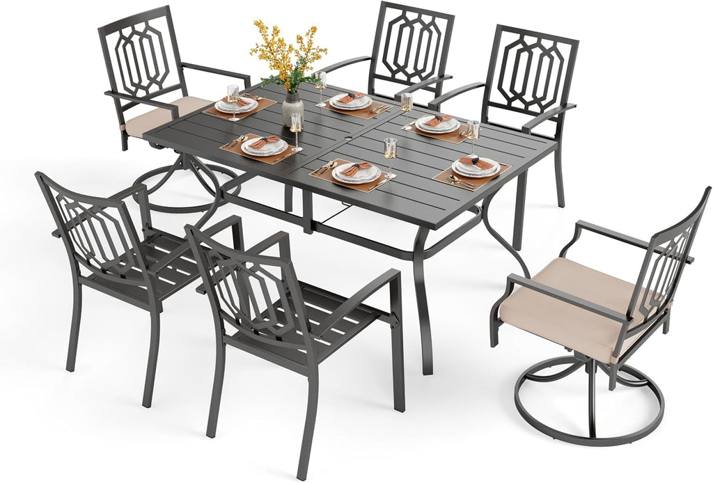 PHI VILLA 7 Pieces Outdoor Dining Set for 6, 60' Black Rectangular Metal Table with Umbrella Hole & Fixed Swivel Chairs Combo, Heavy-Duty Furniture for Patio, Deck, Backyard, Porch