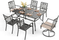 PHI VILLA 7 Pieces Outdoor Dining Set for 6, 60' Black Rectangular Metal Table with Umbrella Hole & Fixed Swivel Chairs Combo, Heavy-Duty Furniture for Patio, Deck, Backyard, Porch