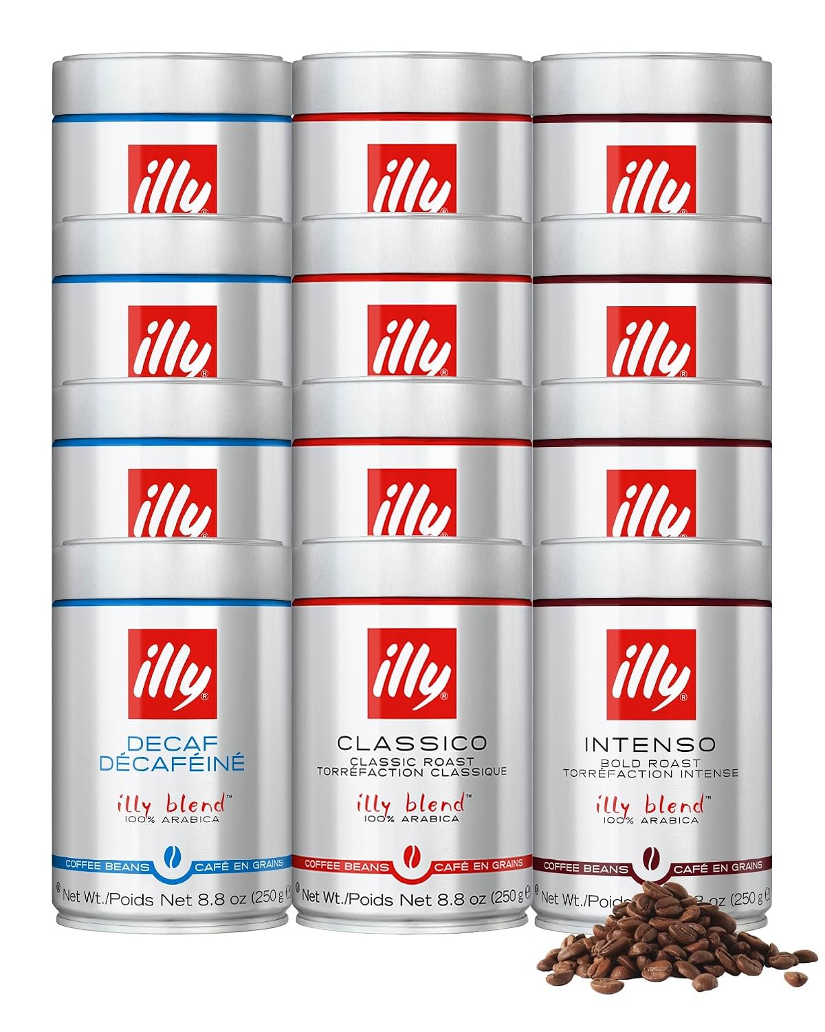 illy Whole Bean Coffee, Classico Medium, Decaffeinated and Intenso Bold Roasts, 100% Arabica, Premium Italian Coffee, Ideal for Espresso, Drip, Moka and French Press Brewing, 8.8oz, 12 Variety Pack