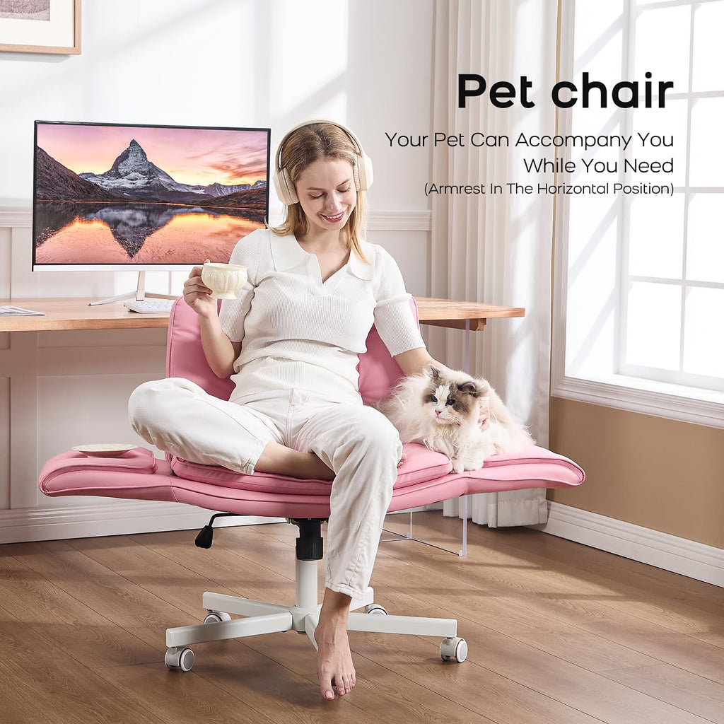 amseatec Criss Cross Office Chair, PU Leather Vanity Chair with 5-Level Adjustable Armrests & Swivel, Ergonomic Criss Cross Chair for Home Office Bedroom Makeup（Pink）