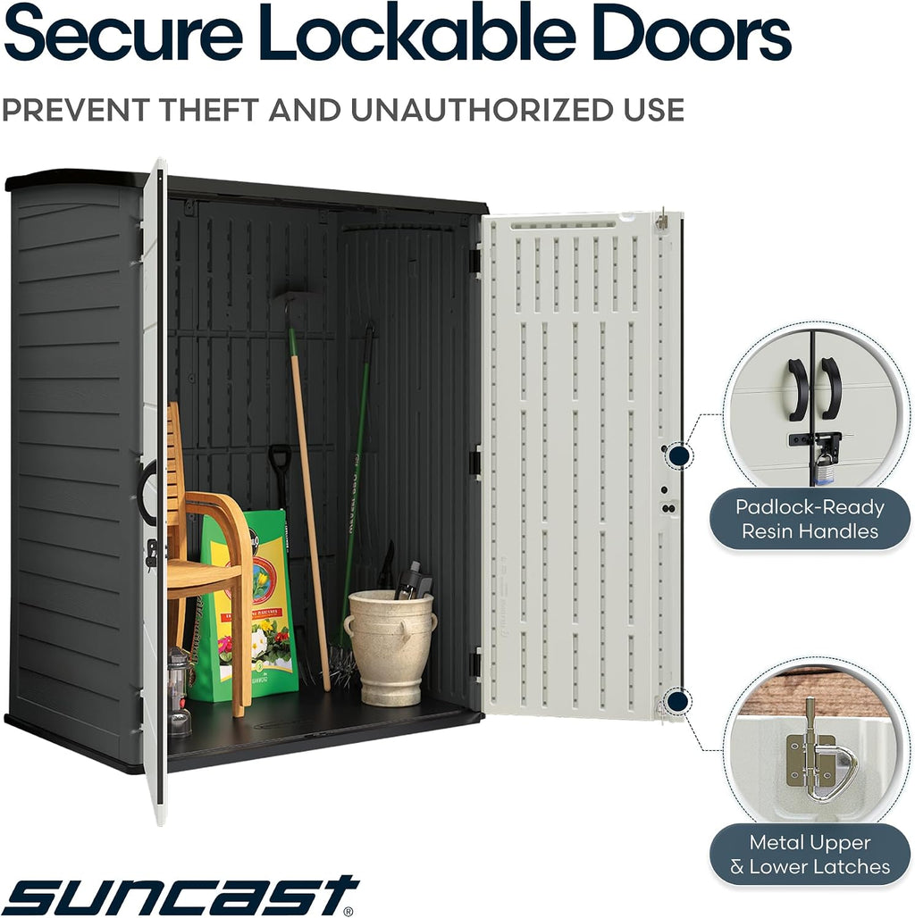 Suncast 106 Cu Ft Extra Large Vertical Outdoor Storage Shed - Resin Shed & Outdoor Storage with Floor and Lockable Double Doors, Weatherproof for Garden Tools, Pool Equipment, & Patio Cushions