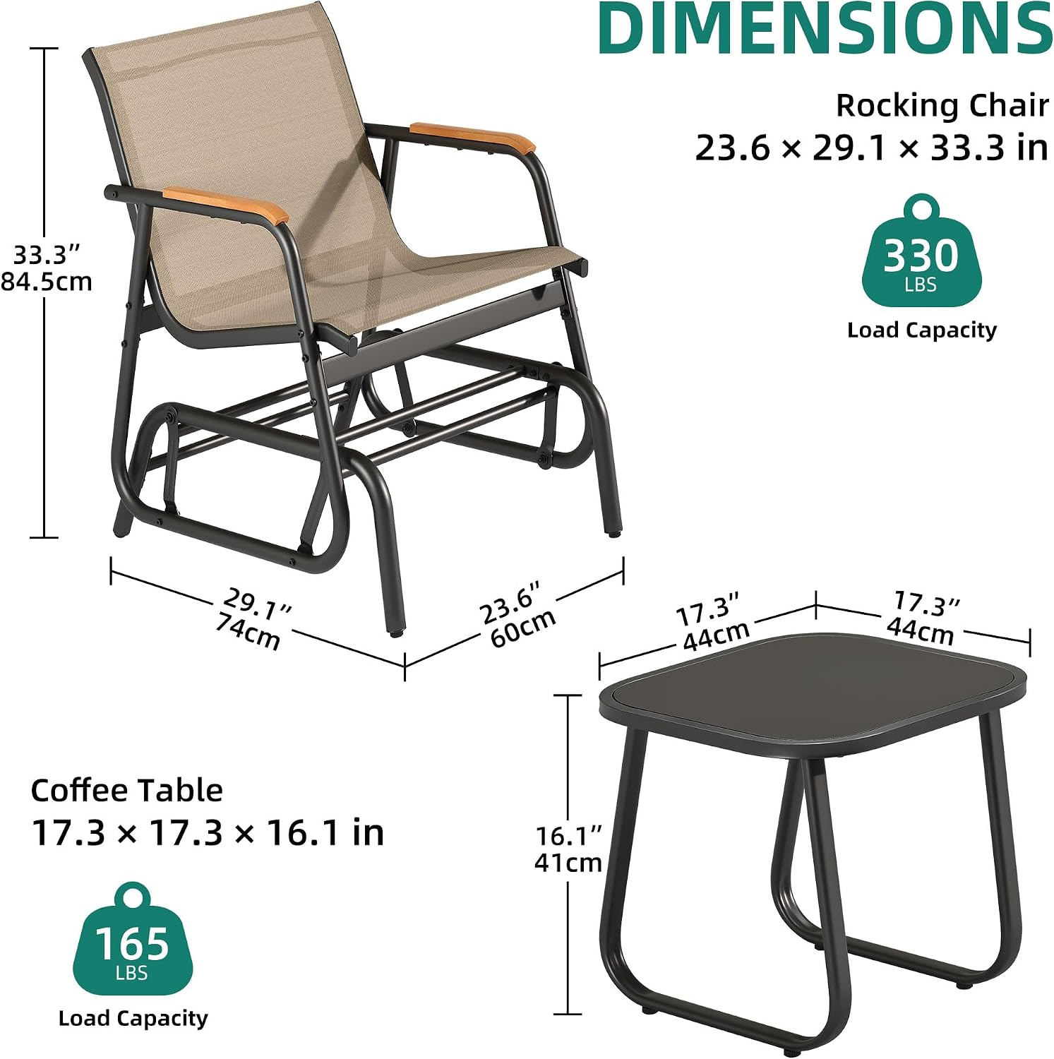 YITAHOME 3 Piece Patio Furniture Set, Outdoor Glider Chair Bistro Set, Coffee Table with Tempered Glass Tabletop, Patio Textilene Chairs Set of 2 for Backyard, Lawn, Garden, Balcony and Porch, Brown
