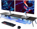 Fenge Dual Monitor Stand, 2 Tiers Acrylic Monitor Riser with LED Lights, 42.5 Inch Wood and Aluminum Desk Shelf with Phone and Tablet Holder