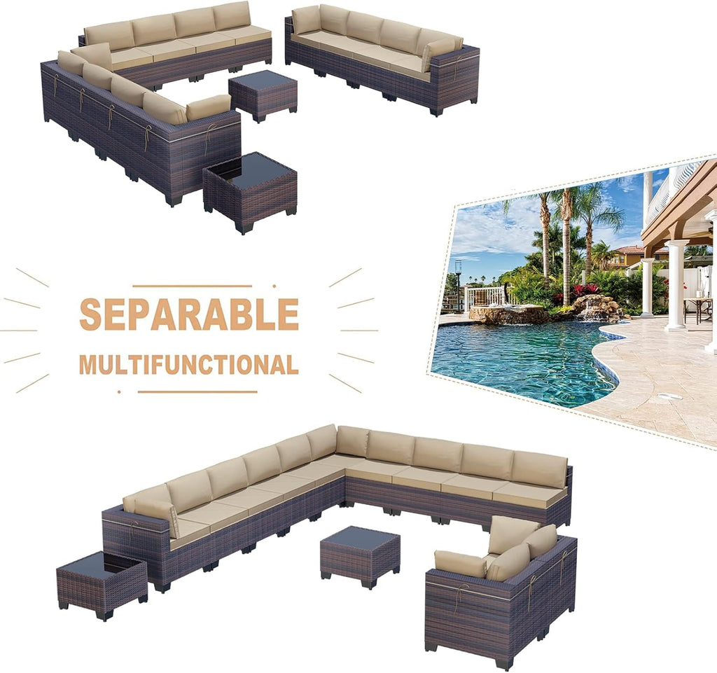 Kullavik 14 Pieces Outdoor Patio Furniture Set,Sectional Rattan Sofa Set Brown PE Rattan Wicker Patio Conversation Set with Tempered Glass Coffee Tables and Washable Cushions Covers,Sand