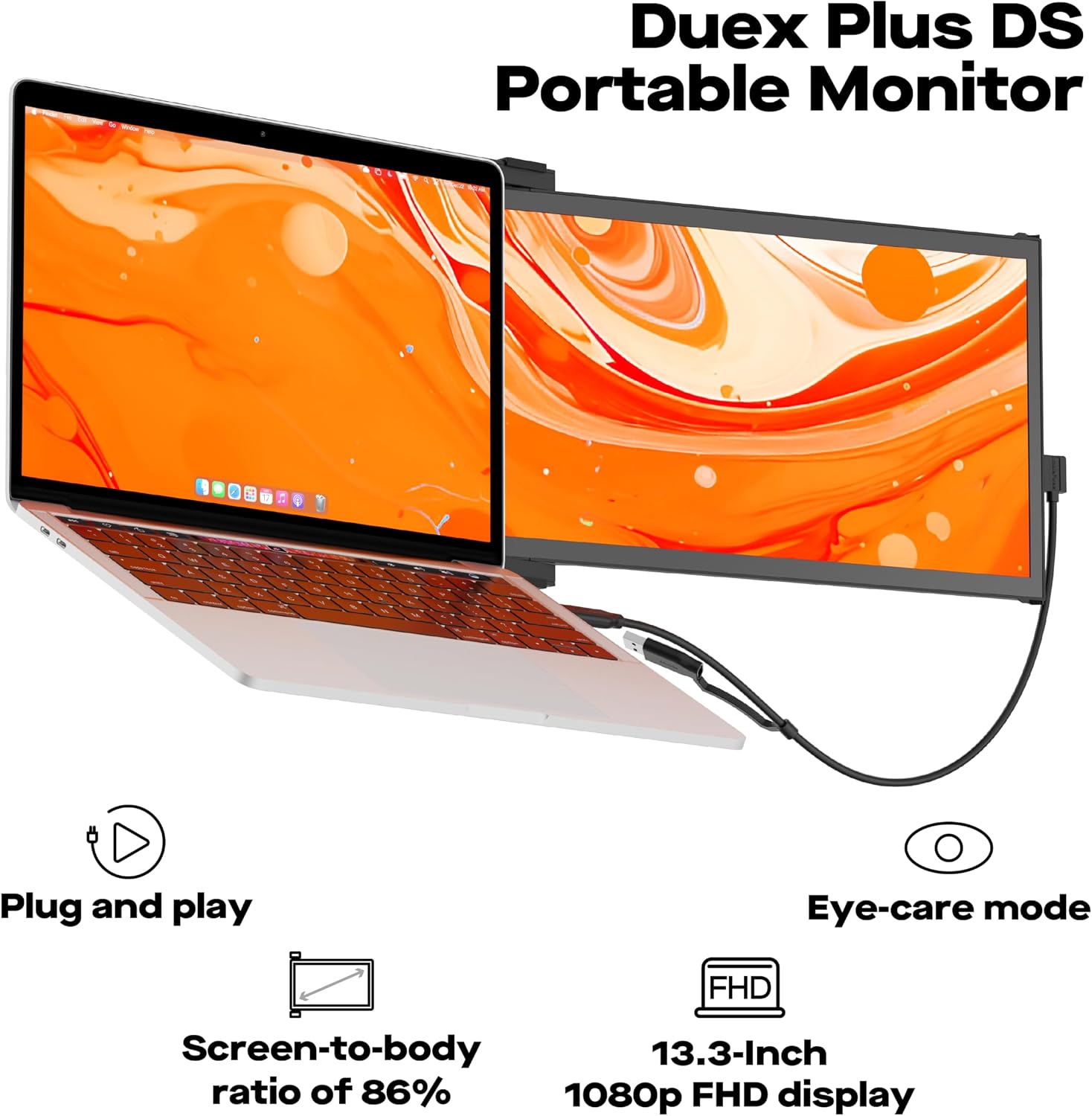 New Mobile Pixels Duex Plus DS Laptop Screen Extender, 13.3' FHD 1080P IPS Portable Monitor, Auto Rotation USB Type-C/HDMI Plug and Play Laptop Monitor, Windows/Mac/Android/Switch Compatible