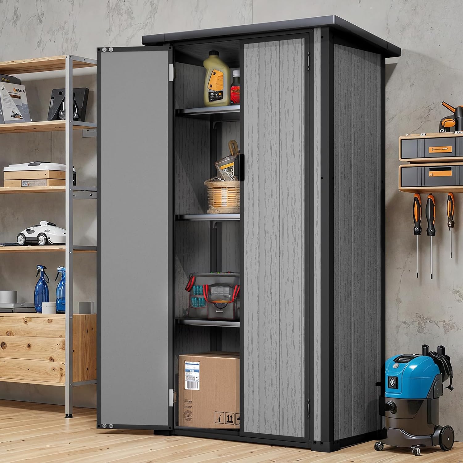 U-MAX Resin Outdoor Storage Cabinet Waterproof with Adjustable Shelves, Vertical Tall Plastic Storage Shed with Reinforced Floor, All Weather Sheds & Outdoor Storage Clearance with Base for Outside