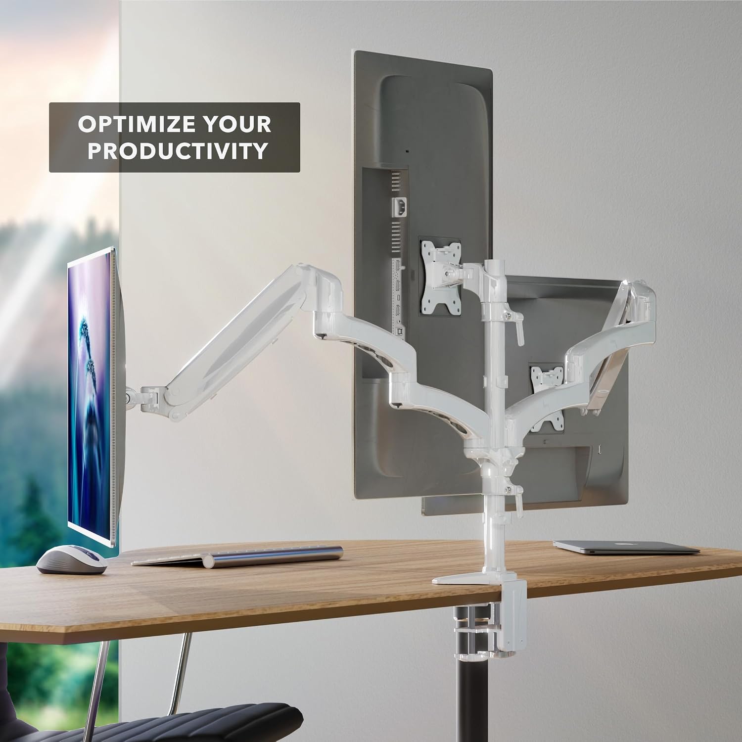 Mount-It! Triple Monitor Stand for Desk, 3 Arm Monitor Mount with Gas Spring Height Adjustment, Fits 13–32 Inch Screens up to 17.6 lbs per Arm, VESA 75x75 & 100x100, Clamp-On Desk Installation, White