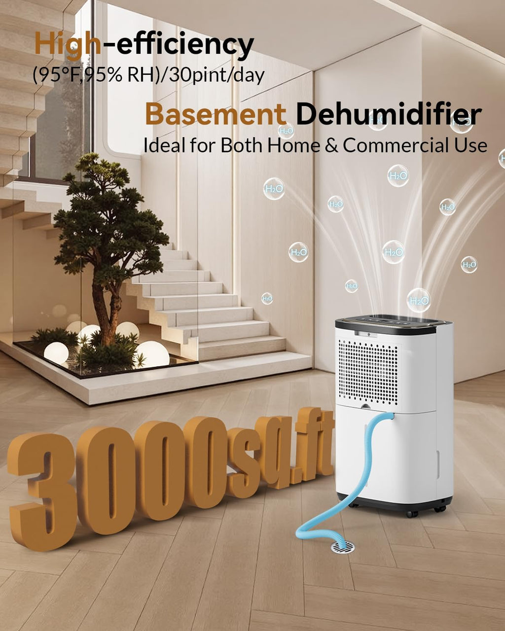 3000 Sq. Ft. Dehumidifier for Basement, 30 Pint Quiet Dehumidifiers for Home with Drain Hose, Smart Humidity Control, 24H Timer & Child Lock, Ideal for Large Rooms, Bathroom, Bedroom, Garage