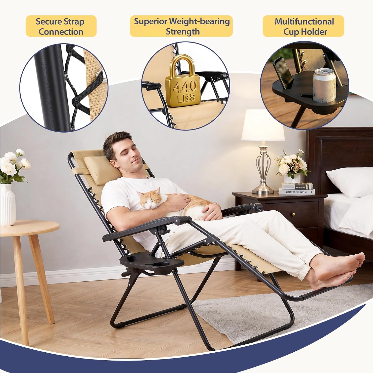 Sweetcrispy Zero Gravity Chairs, Set of 4 Portable Recliner Beach Camping Patio Outdoor Folding Lounge Chair with Cup Holder Trays and Adjustable Pillow for Poolside, Garden, Backyard, Lawn (Khaki)