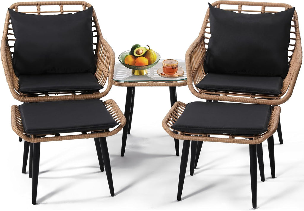 KROFEM 5 Piece Wicker Bistro Patio Conversation Furniture Set, Includes 2 Chairs, 2 Ottomans, and Side Table, Ideal for Porch, Balcony, Deck, Backyard, Natural