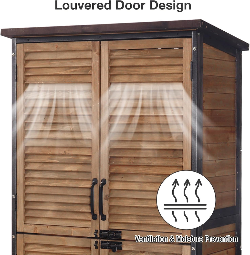 Outdoor Storage Cabinet Waterproof, Storage Shed with Sturdy Iron Frame & Anti-Corrosion Wood, Louvered Door Lockable Cabinet for Patio Garden Backyard, 63' H