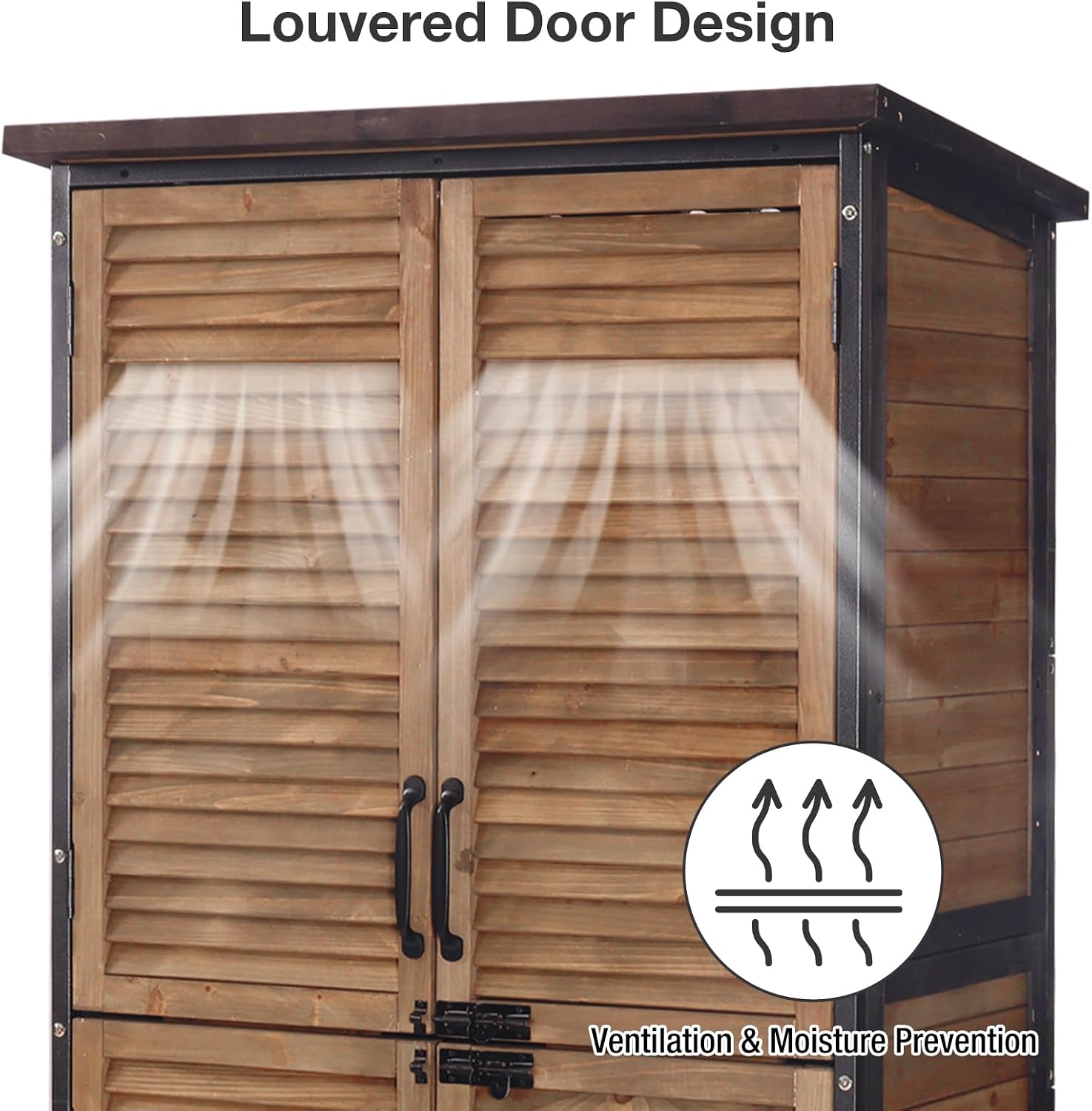 Outdoor Storage Cabinet Waterproof, Storage Shed with Sturdy Iron Frame & Anti-Corrosion Wood, Louvered Door Lockable Cabinet for Patio Garden Backyard, 63' H