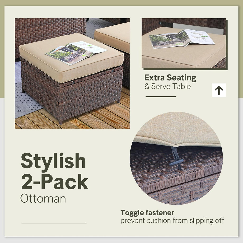 SUNSITT Outdoor Patio Furniture Set 5 Piece Wicker Conversation Set with Ottoman 3 Seat Sofa Couch with Club Chair, Brown Wicker & Beige Cushion