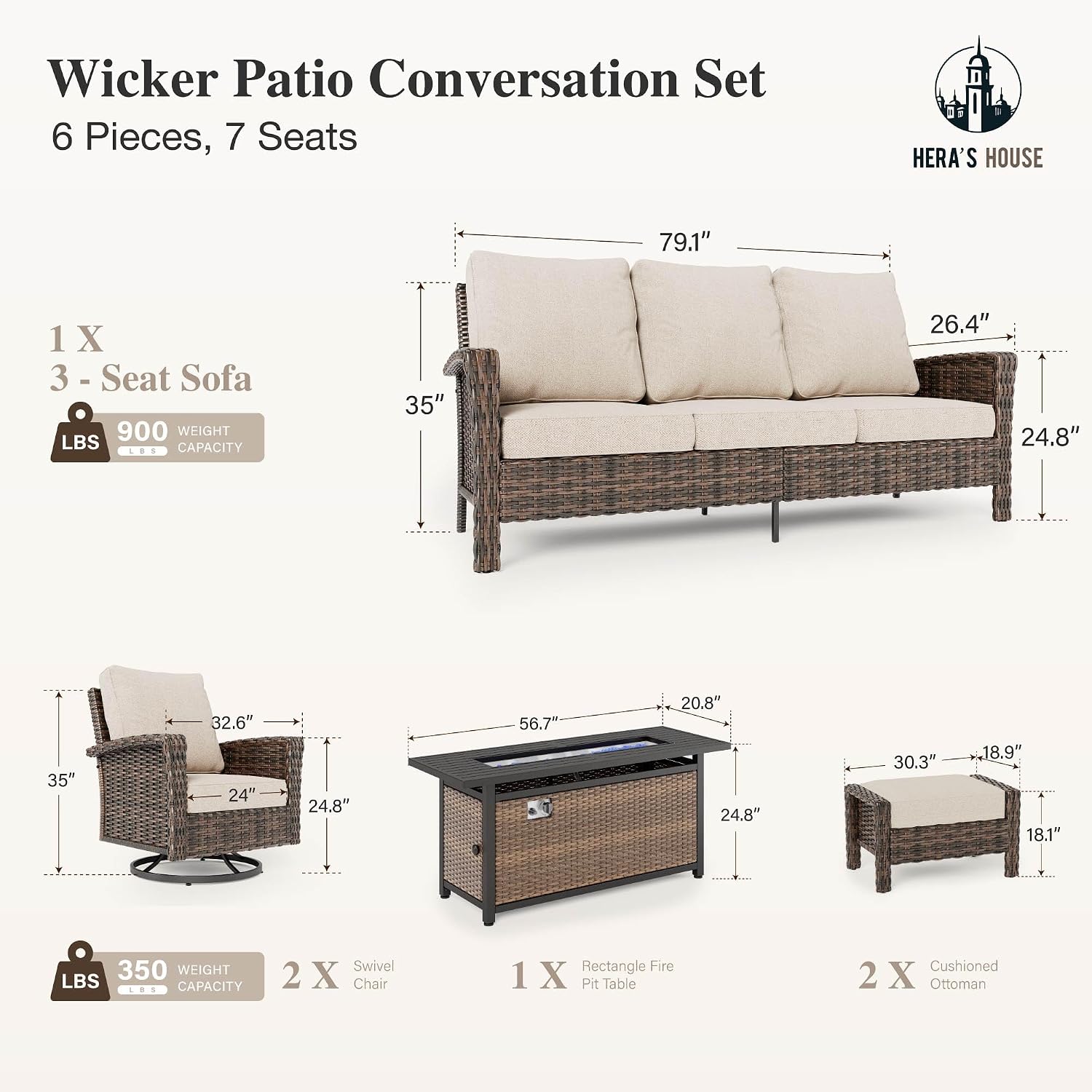 HERA'S HOUSE Wicker Patio Furniture Set, High Back Swivel Chairs with 5.5-Inch Thick Cushions, 6-Piece Outdoor Deep Seating Conversation Sets with Fire Pit Table & Ottomans for Deck Yard Garden, Beige